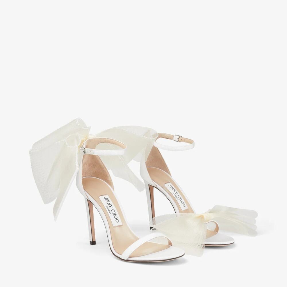 Jimmy Choo White Satin Tulle Bow Stiletto Heels
